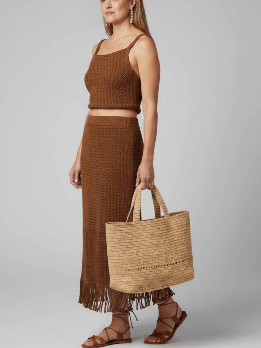 2pc Set House of Horlow Brown Knit set- Midi Skirt and Sleeveless Crop Top.